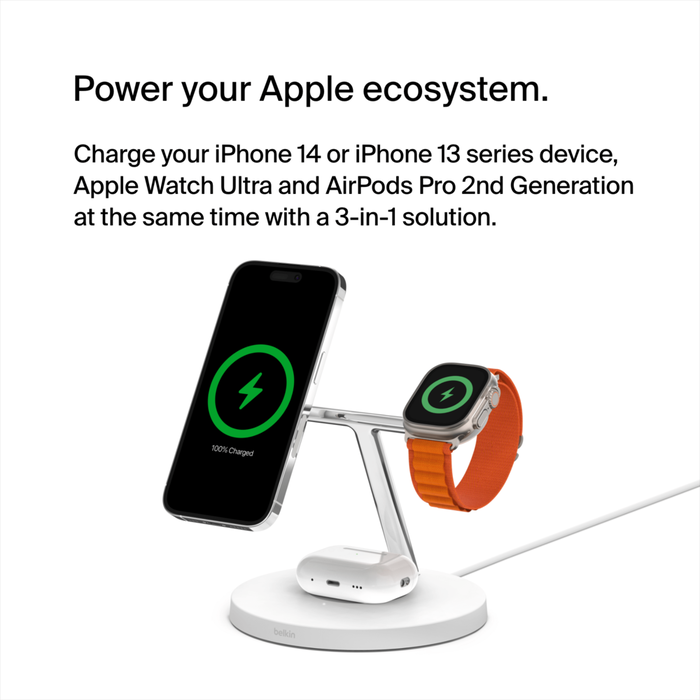 3-in-1 Wireless Charger with Official MagSafe Charging 15W, White, hi-res