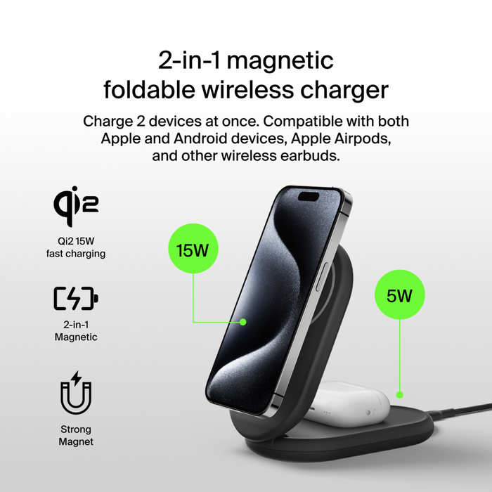 2-in-1 Magnetic Foldable Wireless Charger with Qi2 15W, Black, hi-res